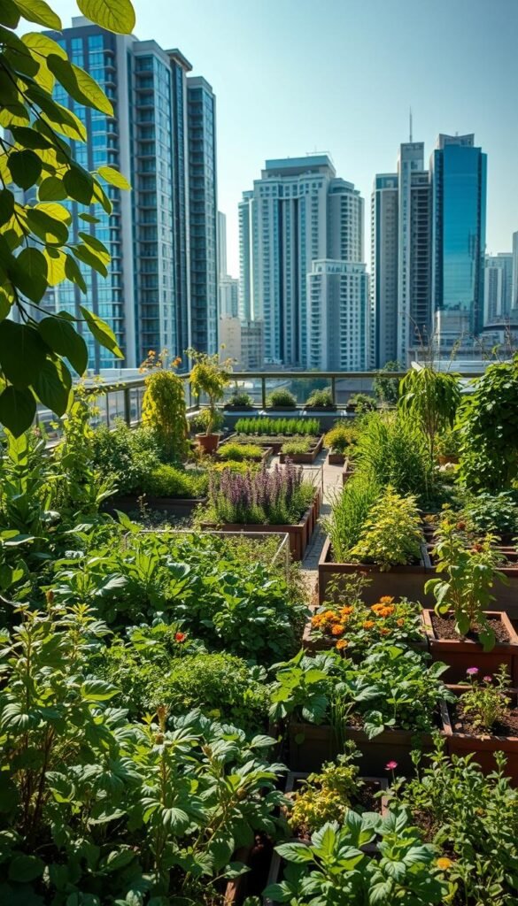 A lush urban oasis, showcasing the harmonious integration of permaculture principles with the built environment. In the foreground, a thriving rooftop garden overflows with a vibrant tapestry of vegetables, herbs, and flowers, their leaves gently swaying in the warm breeze. Midground features a series of raised beds and container gardens, brimming with a diverse array of food-producing plants, strategically arranged to maximize efficiency and minimize resource use. In the background, a cluster of high-rise buildings forms a striking contrast, their glass facades reflecting the verdant greenery. The scene is bathed in soft, natural lighting, conveying a sense of tranquility and balance amidst the urban landscape. An image of sustainable urban living, where nature and technology coexist in perfect harmony.