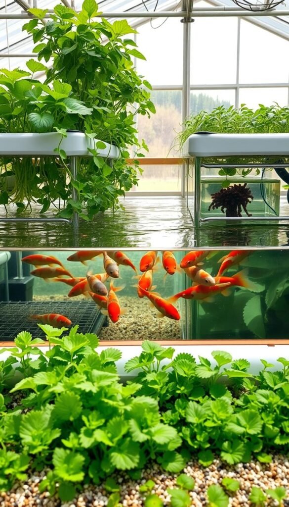 A lush, verdant aquaponics garden, showcasing the contrast between a media-based system and a raft-based system. In the foreground, the media-based system features a raised bed filled with gravel, housing vibrant leafy greens and herbs. Beside it, the raft-based system features a floating platform supporting aquatic plants, with a clear water reservoir beneath. The middle ground depicts the symbiotic relationship between the plants and the fish, with a school of colorful koi swimming in the water. In the background, a serene greenhouse setting, with natural light flooding in and creating a warm, inviting atmosphere. The image conveys the versatility and efficiency of these two aquaponics approaches, helping the viewer visualize the key differences and considerations when choosing the right system for their garden.