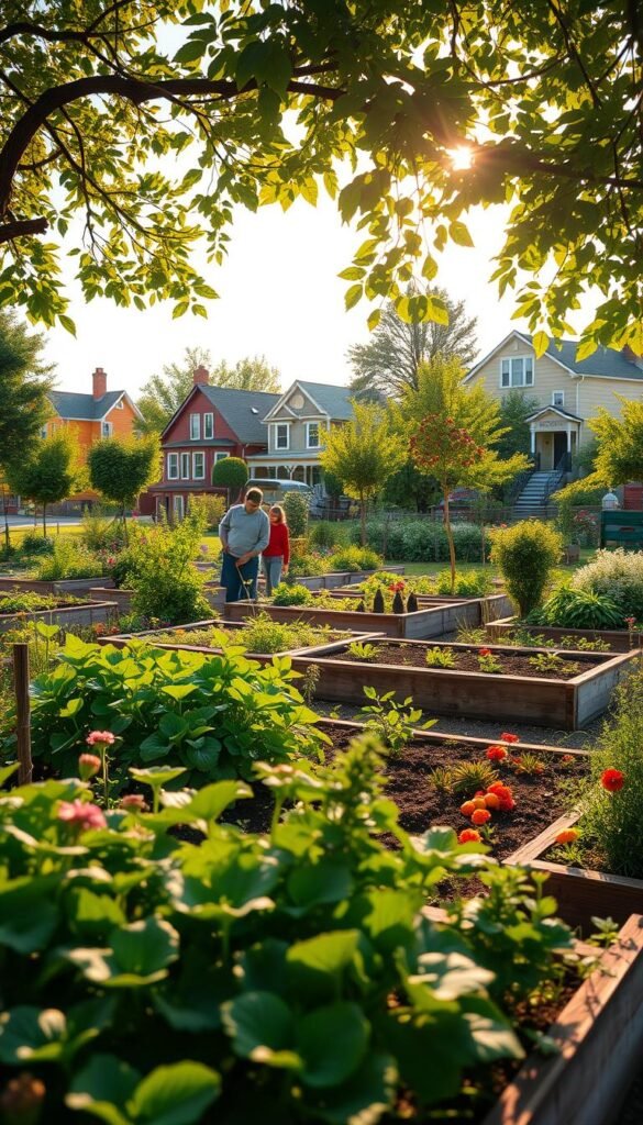 A lush, verdant community garden with raised garden beds in the foreground, surrounded by a diverse array of flora and fauna. The middle ground features a small group of people tending to the plants, their expressions filled with a sense of purpose and connection. In the background, a quaint neighborhood scene with colorful homes and a clear, bright sky, bathed in warm, golden sunlight that filters through leafy trees. The overall atmosphere exudes a feeling of community, growth, and a deep appreciation for the natural world.