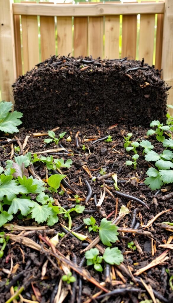 A lush, verdant compost heap takes center stage, its layers meticulously arranged. In the foreground, a mix of shredded leaves, vegetable scraps, and coffee grounds create a cozy, nutrient-rich environment. The middle ground showcases a well-rotted layer, dark and crumbly, teeming with earthworms and beneficial microorganisms. In the background, a makeshift wooden enclosure frames the scene, casting soft, natural light across the composting process. The overall composition conveys a sense of balance, sustainability, and the regenerative power of nature, reflecting the "No-Dig Gardening: Healthier Soil and Fewer Weeds" theme.
