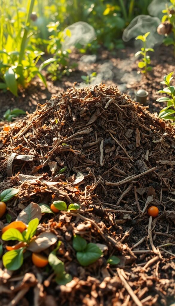 A lush, verdant compost pile rests in a sun-dappled garden, its layers of decaying organic matter neatly arranged. In the foreground, a mix of brown and green materials - dried leaves, vegetable scraps, and shredded paper - are carefully combined to create the optimal carbon-to-nitrogen ratio. In the middle ground, the pile is sculpted into a rounded mound, with occasional pockets of steam rising from the internal microbial activity. Surrounding the compost, a background of flourishing plants and rich, fertile soil hints at the transformative power of this humble process. The scene is illuminated by warm, natural lighting, captured with a wide-angle lens to showcase the overall setup. The overall mood is one of harmony, sustainability, and the steady, patient work of decomposition.