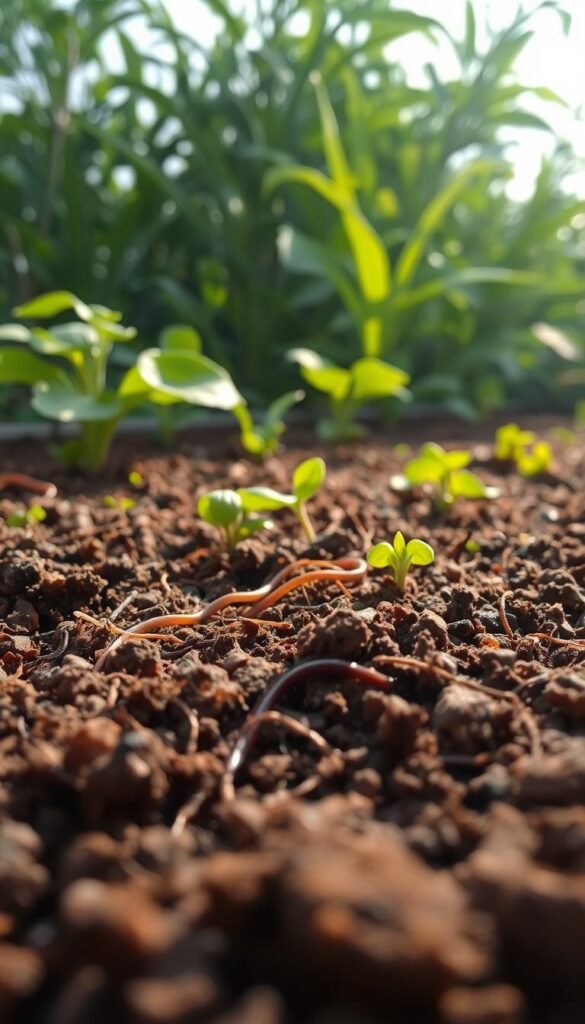 A lush, verdant garden bed with rich, crumbly soil teeming with life. The foreground shows a close-up view of the soil, revealing a network of fine roots, earthworms, and other beneficial microorganisms. The middle ground features vibrant, healthy plants thriving in the nutrient-dense earth. In the background, a soft, warm light filters through swaying foliage, casting a gentle glow over the scene. The overall mood is one of abundance, balance, and the harmony between nature and gardening. Captured with a macro lens, the image showcases the importance of maintaining a healthy, living soil as the foundation for a thriving organic garden.
