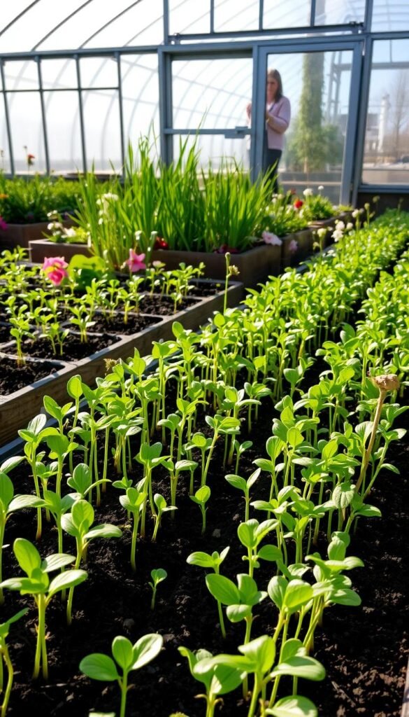A lush, verdant garden bursting with life. In the foreground, rows of young seedlings in raised beds, their delicate leaves unfurling towards the sun. The middle ground showcases vibrant green stems and blooming flowers, hinting at the abundance to come. In the background, a sturdy greenhouse stands, its glass panels catching the soft, warm light of early spring. The scene exudes a sense of renewal and anticipation, as the gardener carefully tends to the soil, ready to nurture the next generation of seasonal bounty.