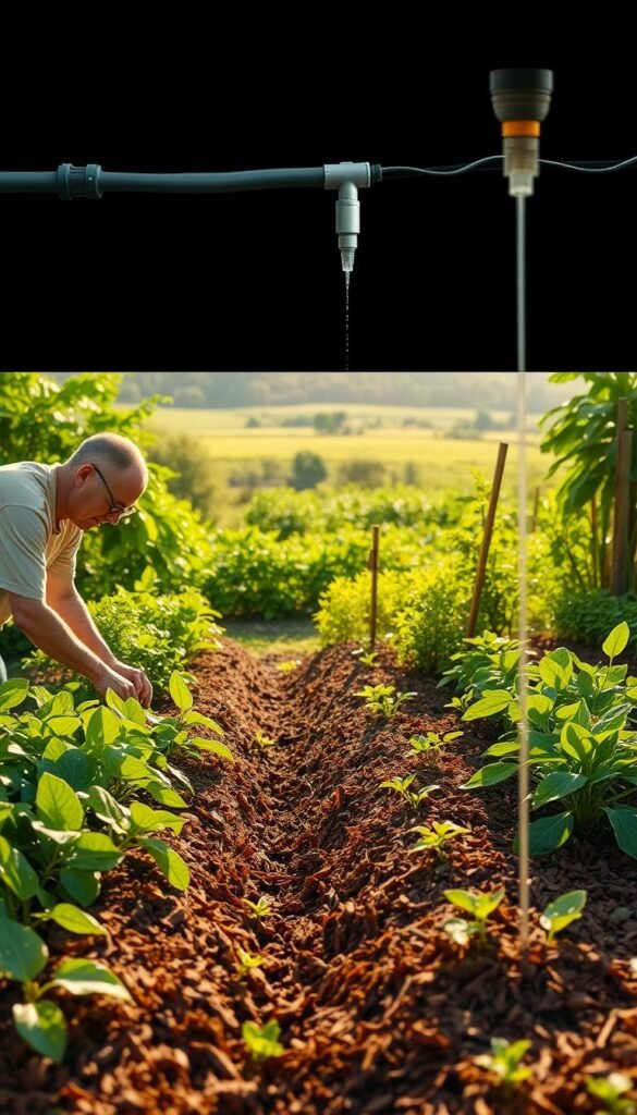 A lush, verdant garden featuring smart watering and mulching techniques. In the foreground, a gardener carefully tends to the soil, applying a thick layer of organic mulch around the plants. The midground showcases a drip irrigation system, delivering water directly to the root zone with precise efficiency. In the background, a sun-dappled landscape unfolds, with healthy, thriving plants and a sense of harmony between nature and cultivation. The scene is bathed in warm, golden light, conveying a feeling of tranquility and environmental stewardship.