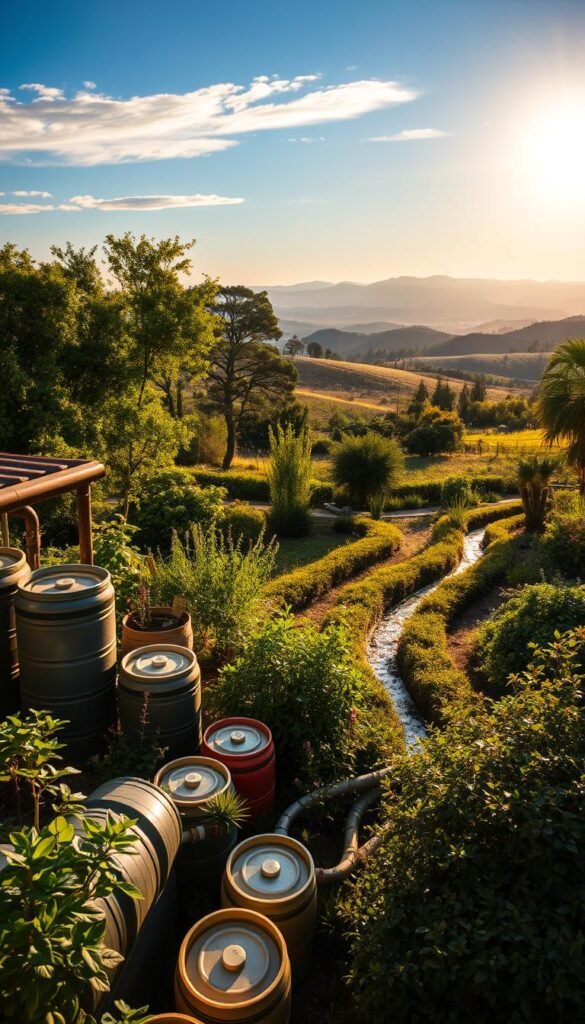 A lush, verdant garden landscape with a central focus on a well-designed rainwater harvesting system. In the foreground, a series of interconnected rain barrels and tanks, arranged in an aesthetically pleasing manner, collect water from the roof's downspouts. The middle ground features a network of expertly crafted swales, berms, and bioswales, channeling the harvested rainwater through the garden, nourishing a diverse array of native plants and trees. In the background, a stunning vista of rolling hills and a clear blue sky, illuminated by warm, golden sunlight casting a serene, natural ambiance over the entire scene. The overall composition conveys a harmonious integration of sustainable water management techniques within a thriving, permaculture-inspired landscape.