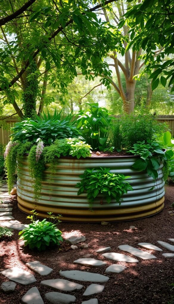 A lush, verdant garden layout centered around a weathered metal stock tank, its rustic charm complementing the surrounding foliage. The tank, filled with rich soil, serves as a raised bed for a vibrant array of thriving plants, their leaves and blooms cascading over the sides. Dappled sunlight filters through an overhead canopy of trees, casting a warm, natural glow across the scene. In the foreground, a path of smooth river stones winds its way through the garden, inviting exploration. The overall atmosphere is one of tranquility and rustic elegance, showcasing the versatility and charm of stock tank gardening.