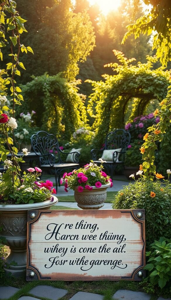 A lush, verdant garden oasis bathed in warm, golden sunlight. Elegant wrought-iron garden furniture nestled among thriving blooms and lush foliage. Ornate stone planters overflowing with vibrant flowers and cascading vines. In the foreground, a weathered wooden sign displays an inspiring gardening quote, its elegant calligraphy inviting contemplation. A tranquil atmosphere of serenity and rejuvenation pervades the scene, elevating the outdoor space into a haven of inspiration and mindfulness.
