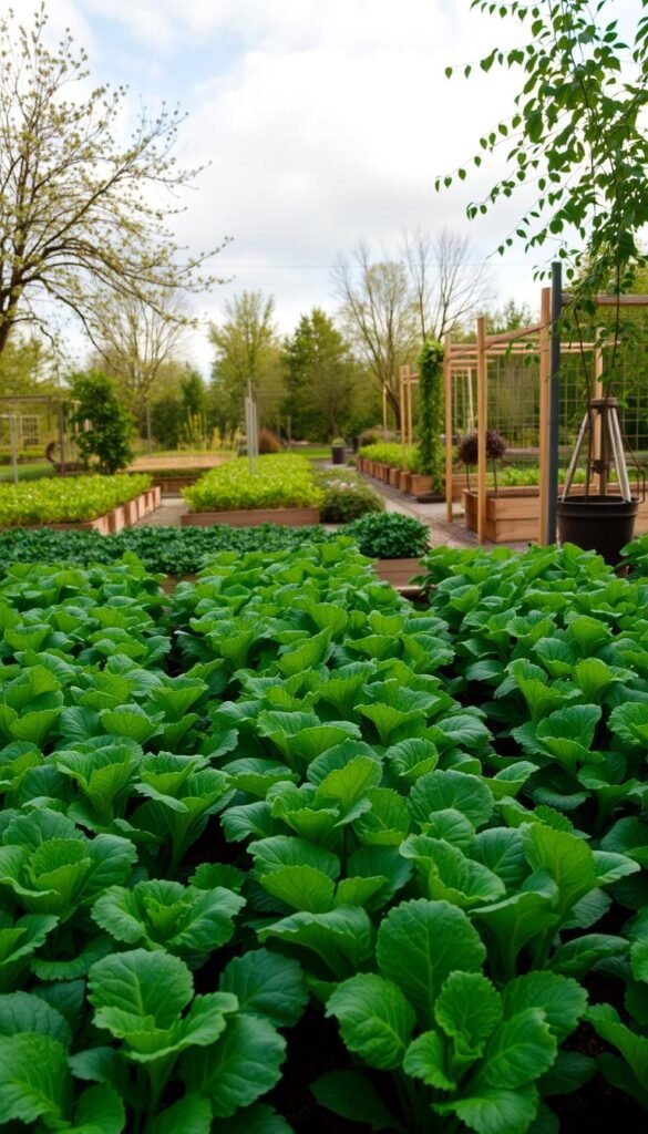 A lush, verdant garden scene in early spring. In the foreground, rows of leafy winter vegetables - kale, spinach, and arugula - thrive in a neatly organized layout. The middle ground features raised garden beds and trellises optimized for vertical growth, supporting climbing crops like peas and cucumbers. In the background, fruit trees and berry bushes line the perimeter, their branches heavy with blossoms. Warm, diffused lighting filters through wispy clouds, casting a soft, natural glow over the scene. The overall composition emphasizes efficient space utilization and seasonal harmony, creating a visually appealing and productive garden oasis.