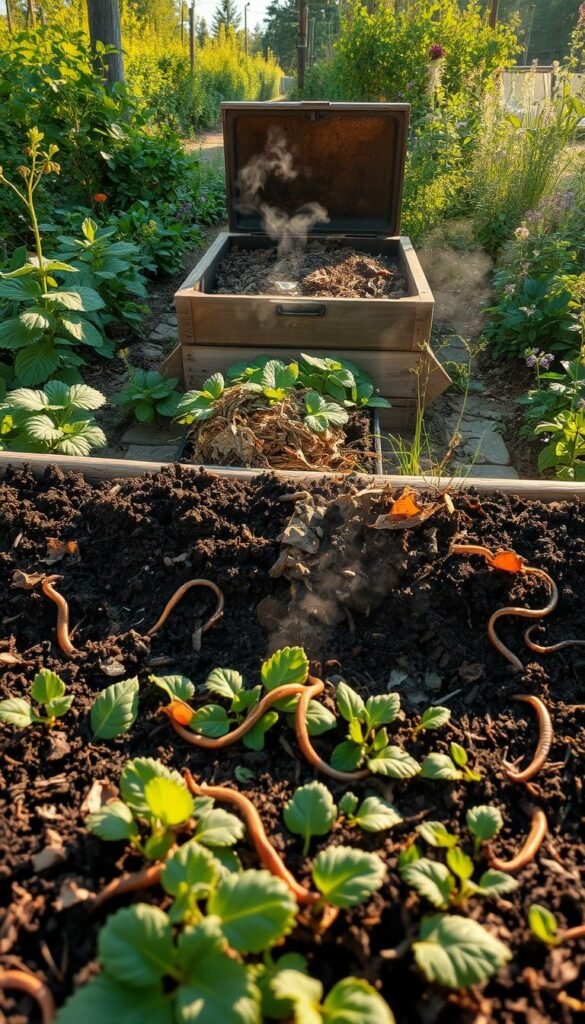 A lush, verdant garden scene showcasing healthy soil composting techniques. In the foreground, a raised garden bed filled with rich, dark soil teeming with earthworms and other beneficial microorganisms. Atop the soil, a layer of decomposing organic matter - fallen leaves, shredded paper, and vegetable scraps - being broken down by a diverse population of microbes. In the middle ground, a compost bin with an open hatch, revealing the process of aerobic decomposition, steam rising from the nutrient-dense compost. The background features a vibrant, flowering permaculture garden, with a variety of native plants and herbs thriving in the nourishing soil. The scene is bathed in warm, golden sunlight, conveying a sense of balance, growth, and abundance. Captured with a wide-angle lens to showcase the interconnected elements of the healthy, sustainable landscape.