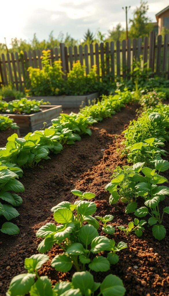 A lush, verdant garden scene showcasing no-dig and no-till gardening techniques. In the foreground, rows of thriving vegetables and herbs emerge from the rich, untilled soil, their leaves glistening under the warm, diffused sunlight filtering through wispy clouds. The middle ground features raised garden beds overflowing with a diverse array of plants, their roots firmly anchored in the nutrient-dense, uncompacted earth. In the background, a weathered wooden fence frames the scene, hinting at the harmony between nature and human stewardship. The overall atmosphere evokes a sense of abundance, sustainability, and the rewarding simplicity of low-impact gardening methods.