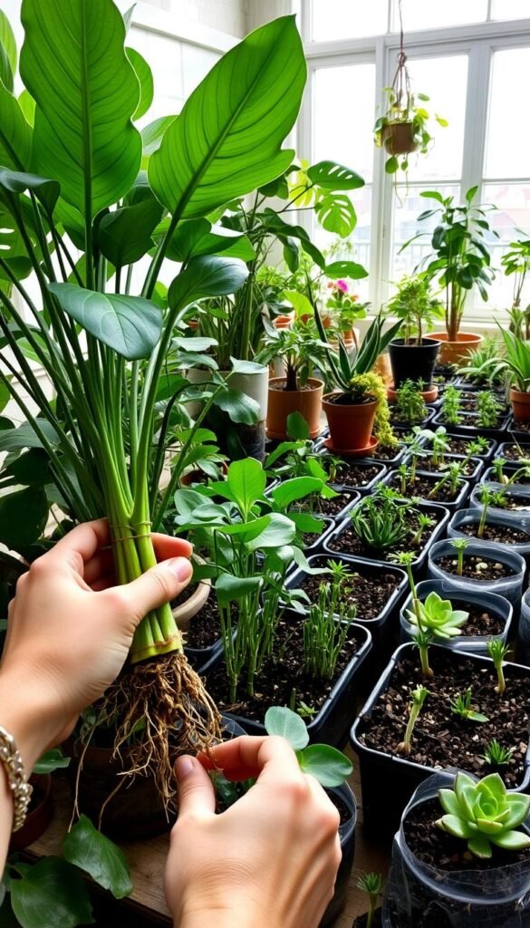 A lush, verdant garden scene showcasing the propagation of various houseplants and succulents. In the foreground, a person's hands carefully dividing a large potted plant, with healthy shoots and roots visible. In the middle ground, an assortment of propagation vessels, filled with soil and cuttings in various stages of growth. The background features a well-lit, airy indoor space, with natural light streaming in through large windows, illuminating the thriving plants. The overall atmosphere is one of calm, nurturing, and self-sufficiency, encouraging the viewer to try their hand at propagating plants for free.