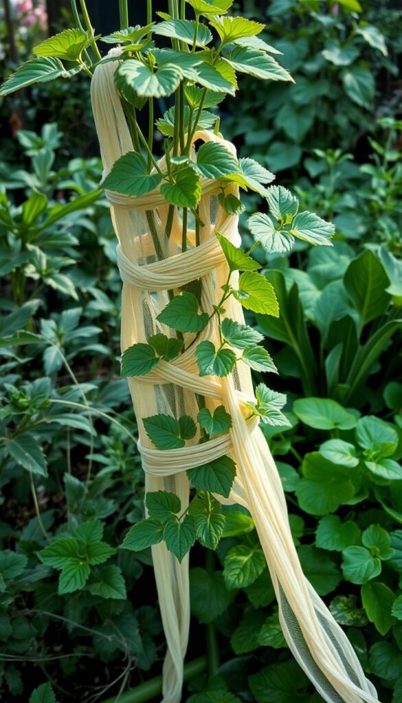 A lush, verdant garden scene with a central focus on a thriving plant supported by a carefully crafted pantyhose trellis. The pantyhose, in a light nude tone, is expertly woven around the plant's stems, providing a natural and sustainable framework for the vine to climb and thrive. Soft, diffused lighting filters through the leaves, casting gentle shadows and highlighting the delicate texture of the pantyhose material. The background features a variety of complementary foliage, hinting at the diverse and productive garden setting. The overall composition conveys a sense of harmony, ingenuity, and the harmonious integration of everyday household items into an effective gardening solution.