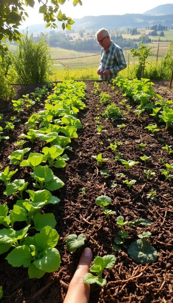 A lush, verdant garden, split in half. On the left, a no-till plot, the soil undisturbed, rich with decomposing organic matter. On the right, a no-dig bed, the surface meticulously mulched, the soil structure preserved. Sunlight filters through the canopy, casting intricate shadows across the scene. In the foreground, vibrant vegetables and herbs thrive, their leaves glistening. In the middle ground, a gardener examines the soil, fingers tracing the distinct textures. The background fades into a serene, countryside landscape, rolling hills and distant trees. The mood is one of tranquility and harmony, juxtaposing the two sustainable gardening methods.