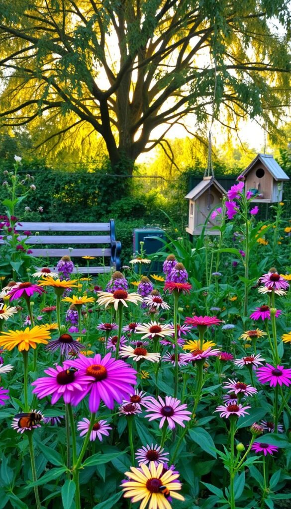 A lush, verdant garden teeming with life. In the foreground, a diverse array of native flowers bloom in vibrant hues, attracting a flurry of buzzing bees, butterflies, and ladybugs. Mid-ground, a wooden bench invites visitors to pause and observe the pollinator activity, while a birdhouse hangs nearby, providing additional habitat. In the background, a gently swaying tree canopy filters warm, golden sunlight, casting a serene, natural ambiance. The scene conveys a sense of harmony, where human interaction and nature coexist in a delicate balance, showcasing the importance of year-round pollinator habitat maintenance.