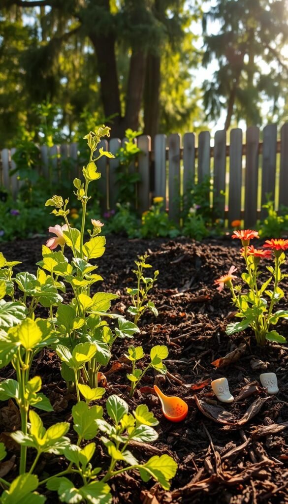 A lush, verdant garden thriving on a bed of nutrient-rich, dark brown compost. In the foreground, vibrant vegetables and flowers stand tall, their leaves and petals glistening under the warm, golden sunlight. The middle ground showcases a compost pile, its layers of decaying organic matter, like fallen leaves and kitchen scraps, creating a visually appealing texture. In the background, a wooden fence and towering trees frame the scene, casting gentle shadows and adding depth to the composition. The overall atmosphere is one of abundance, vitality, and the harmonious relationship between the garden and the composting process that nourishes it.
