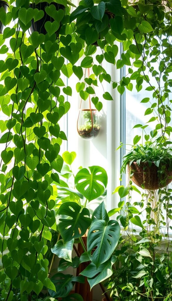 A lush, verdant indoor garden filled with fast-growing leafy plants that thrive in low-light conditions. In the foreground, a dense cluster of overflowing pothos vines cascades from hanging planters, their heart-shaped leaves glistening. In the middle ground, a bushy monstera deliciosa unfurls its iconic split leaves, reaching towards the light. In the background, a wall-mounted terrarium contains a vibrant assortment of small succulents and trailing ivy. Soft, indirect sunlight filters through large windows, casting a warm, natural glow over the entire scene. The overall composition conveys a sense of easy, effortless growth - the perfect contrast to the demands of temperamental tomato plants.