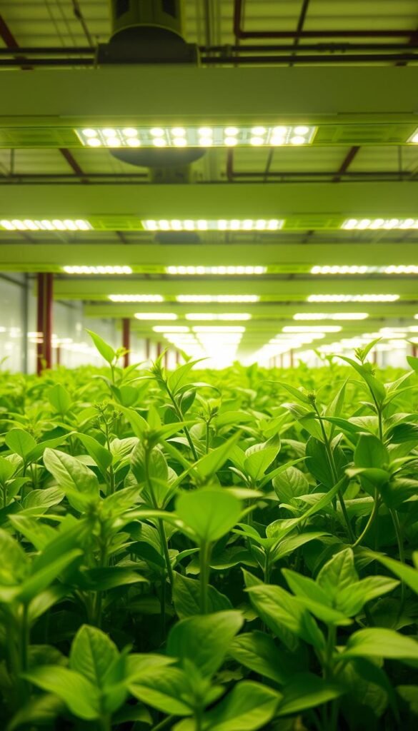 A lush, verdant indoor hydroponic garden bathed in a warm, uniform glow from overhead LED grow lights. The plants are healthy and vibrant, their leaves reaching upwards to maximize light exposure. The lighting is carefully arranged to provide an even distribution, with no hot spots or shadows. The scene is crisp and detailed, shot from a perspective that showcases the uniform coverage and the thriving plants below. The atmosphere is calm and serene, inviting the viewer to imagine the productive potential of this carefully optimized grow environment.