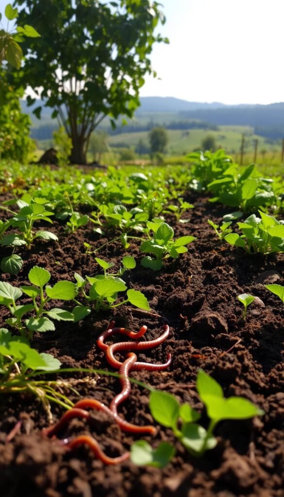 A lush, verdant no-till garden bed showcasing the benefits of healthy soil. In the foreground, vibrant roots and earthworms thrive in the nutrient-rich, aerated soil. The middle ground features a diverse array of thriving plants, their foliage casting intricate shadows. In the background, a serene landscape with rolling hills and a bright, diffused natural light illuminates the scene, conveying a sense of balance and harmony. The image exudes a sense of abundance, vitality, and the profound benefits of no-till gardening techniques for cultivating a bountiful, sustainable ecosystem.