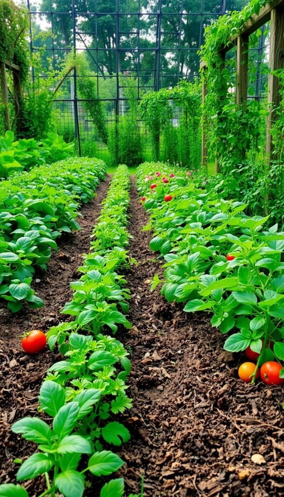 A lush, verdant no-till garden unfolds, its beds teeming with vibrant growth. In the foreground, rows of leafy greens and plump tomatoes thrive without disturbing the soil, their roots intertwined with a rich tapestry of organic matter. The middle ground showcases a diverse array of companion plants, their delicate flowers and foliage creating a tapestry of colors. In the background, a wooden trellis supports sprawling vines, their tendrils reaching skyward. Soft, diffused sunlight filters through the canopy, casting a warm, earthy glow over the scene. The overall atmosphere exudes a sense of harmony and abundance, inviting the viewer to immerse themselves in the serene beauty of this no-till oasis.