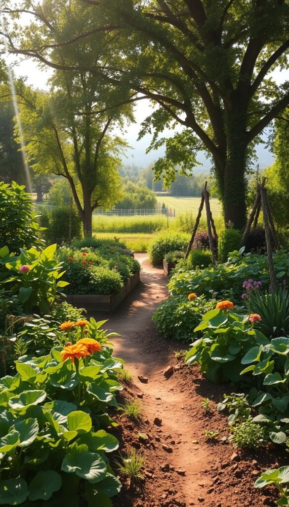 A lush, verdant organic garden in natural light, showcasing the bountiful benefits of chemical-free cultivation. In the foreground, a diverse array of vibrant vegetables, herbs, and flowers thrive in rich, fertile soil. Meandering pathways wind through the middle ground, flanked by towering shade trees and a flourishing canopy of greenery. In the background, a serene, sun-dappled landscape extends, hinting at the harmony and balance of this self-sustaining ecosystem. Rays of warm, golden light gently illuminate the scene, capturing the tranquility and abundance of this organic haven.