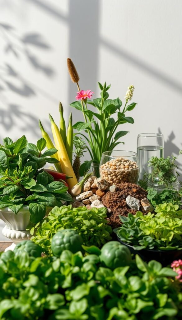 A lush, verdant still life arrangement showcasing the essential plant nutrients for healthy growth. In the foreground, a vibrant selection of leafy greens, stem vegetables, and flowering plants arranged in an elegant ceramic planter. The middle ground features an assortment of nutrient-rich elements such as rock minerals, compost, and a water-filled glass container, all bathed in soft, natural lighting. The background depicts a serene, nature-inspired setting with gentle shadows and muted hues, creating a harmonious, educational composition. Captured with a medium-format camera lens, this image aims to visually convey the importance of a balanced NPK ratio for thriving, robust plants.
