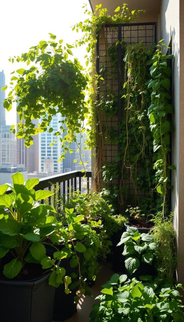 A lush, verdant vertical garden adorning a sun-drenched urban balcony. In the foreground, cascading grow bags brimming with thriving vegetables and herbs, their vibrant foliage spilling over the edges. In the middle ground, a sleek, modern trellis system supports climbing vines and trailing plants, creating a living green wall. Dappled sunlight filters through the foliage, casting a warm, natural glow. The background features the cityscape beyond, a glimpse of towering skyscrapers and the open sky. The overall scene exudes a sense of tranquility and urban oasis, inviting the viewer to envision the bountiful rewards of grow bag gardening on a small balcony.