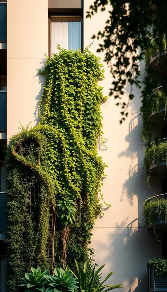A lush, verdant vertical garden cascades down a modern urban facade, showcasing an intricate interplay of textures and hues. Lush, trailing vines and cascading foliage create a striking visual centerpiece, framed by sleek, minimalist architectural elements. Warm, gentle lighting bathes the scene, casting soft shadows and accentuating the vibrant greens. The composition evokes a sense of serenity and a harmonious integration of nature and the built environment, capturing the essence of creative vertical gardening in a city apartment setting.