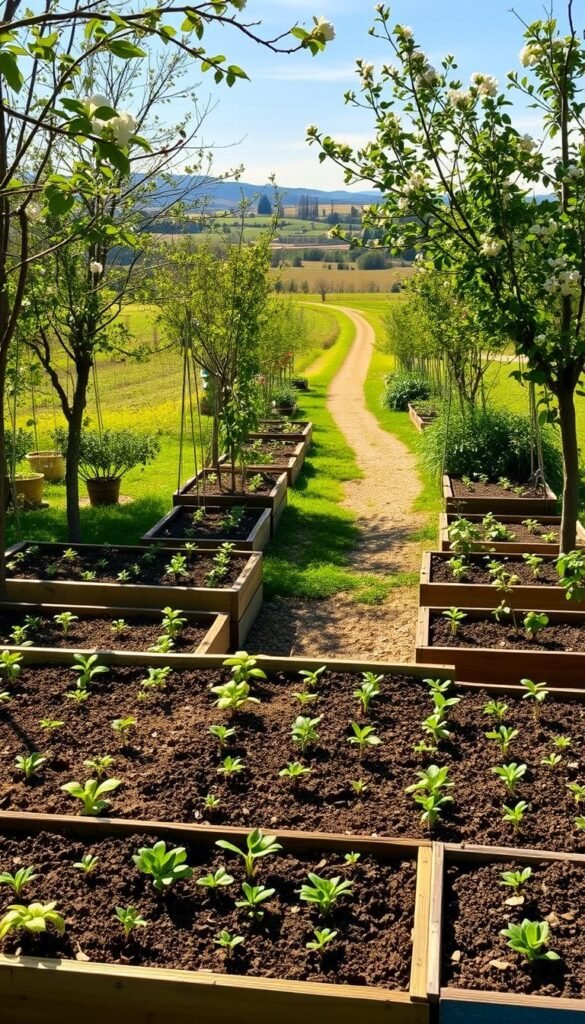 A lush, verdant zone 6 garden in the early spring, with a carefully designed square foot grid layout. The foreground showcases neatly tended raised garden beds, each section bursting with vibrant seedlings and young plants. The middle ground features a path winding through the garden, framed by blossoming fruit trees and fragrant flowers. In the background, a picturesque rural landscape unfolds, with rolling hills and a clear, azure sky. Warm, natural lighting filters through the scene, casting a gentle glow and highlighting the intricate textures of the soil, leaves, and wood. The overall atmosphere radiates a sense of order, productivity, and tranquility, perfectly capturing the essence of getting started with zone 6 gardening.