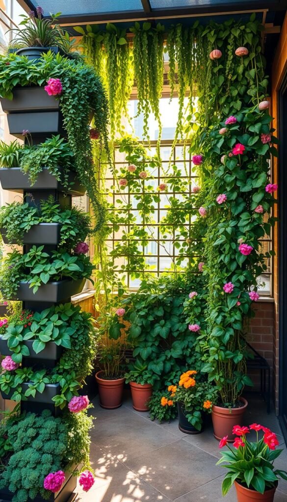 A lush, vertical garden space with cascading greenery and vibrant blooms. The foreground features a tall, modular planter system with shelves of diverse foliage and flowers, meticulously arranged for maximum visual impact. The middle ground showcases a sun-dappled trellis covered in climbing vines, creating a natural, living wall. In the background, a glimpse of a cozy, urban balcony or patio, hinting at the efficient use of limited space. Warm, golden lighting illuminates the scene, casting a serene, inviting atmosphere. Shoot with a wide-angle lens to capture the full height and depth of this compact, yet flourishing vertical garden oasis.