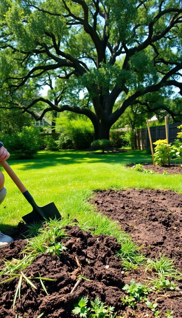 A lush, vibrant backyard filled with a sunny, natural ambiance. In the foreground, a person kneels down, skillfully removing thick clumps of grass and sod using a sharp spade, exposing the rich, dark soil beneath. The midground showcases the gradual transformation, with patches of grass transitioning into prepared garden beds, ready for planting. In the background, a mature oak tree casts a warm, dappled light, creating a serene and inviting atmosphere. The scene captures the essence of transforming a traditional lawn into a productive, thriving vegetable garden.