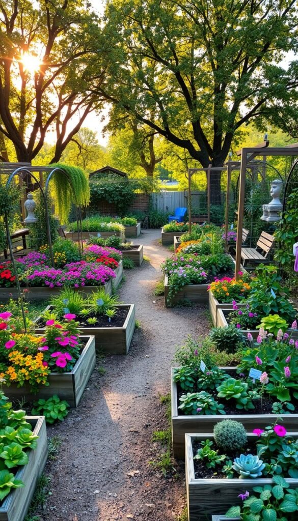 A lush, vibrant community garden with raised planting beds arranged in a whimsical, asymmetric layout. Colorful flowers, herbs, and vegetables overflow the beds, creating a harmonious blend of textures and hues. Winding paths meander through the garden, flanked by trellises draped with cascading vines. Warm, golden sunlight filters through the canopy of nearby trees, casting a soft, natural glow over the scene. Wooden benches and garden sculptures provide inviting spots for visitors to pause and admire the carefully curated design. An overall sense of tranquility and creativity permeates the space, encouraging community engagement and a connection with nature.