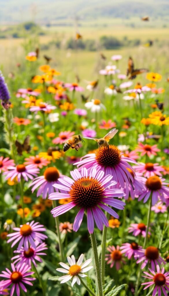 A lush, vibrant garden bursting with native flowers, buzzing with a diverse array of pollinators. In the foreground, a honeybee gracefully hovers over a cluster of purple coneflowers, its delicate wings catching the warm, golden sunlight. The middle ground features a mix of nectar-rich blooms in shades of pink, yellow, and blue, drawing in butterflies, hummingbirds, and a variety of other pollinating insects. The background is a soft, blurred landscape, allowing the garden to be the focal point. The scene exudes a sense of harmony and abundance, highlighting the essential role that native plants play in supporting local wildlife and a healthy, thriving ecosystem.