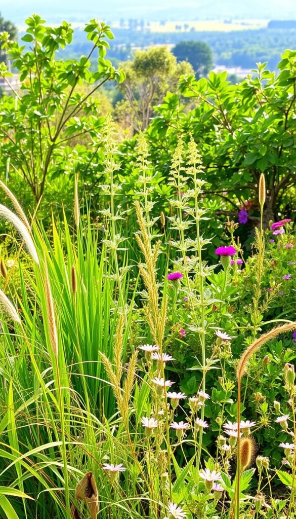 A lush, vibrant garden filled with a diverse array of native plants, bathed in soft, natural lighting. The foreground features a mix of tall grasses, low-growing foliage, and delicate wildflowers in a harmonious, almost chaotic arrangement. The middle ground showcases a variety of leafy shrubs and small trees, their branches intertwining to create a sense of structured, yet organic growth. In the distant background, a hazy, blurred landscape suggests a larger, verdant ecosystem teeming with life. The overall scene conveys a sense of balance between structured elements and the natural, free-flowing chaos of a thriving native plant community.