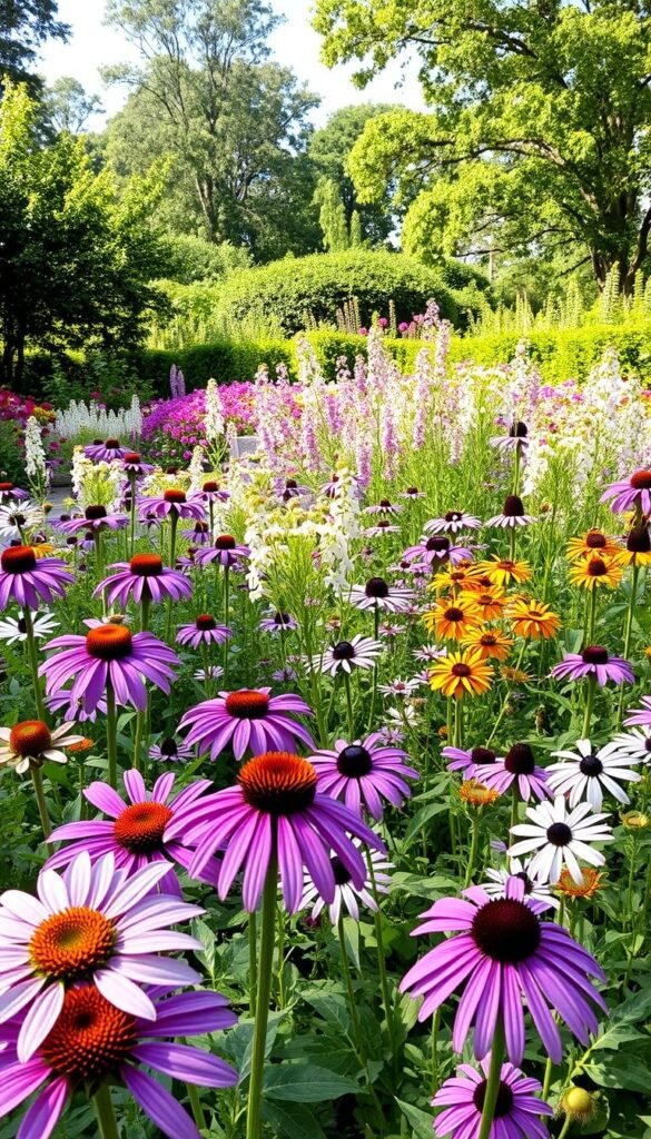 A lush, vibrant garden filled with an abundance of native plants in full bloom. In the foreground, close-up shots of various flowering species like coneflowers, purple coneflowers, and black-eyed Susans, their petals gently swaying in a warm breeze. The middle ground showcases a diverse array of plants in shades of pink, purple, yellow, and white, artfully arranged to create a visually captivating display. In the background, a verdant canopy of trees and shrubs provides a natural backdrop, casting a soft, dappled light across the scene. The overall composition conveys a sense of harmony, where the plants and pollinators coexist in a thriving, biodiverse ecosystem.