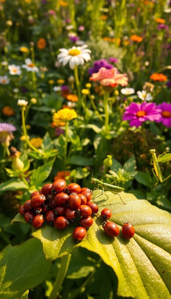A lush, vibrant garden filled with beneficial insects in their natural habitats. In the foreground, a cluster of ladybugs crawling on a leaf, their red shells glistening in the soft, warm sunlight. In the middle ground, a praying mantis poised on a flower, its green, spindly limbs ready to strike. In the background, a flourishing assortment of flowers, herbs, and greenery, creating a diverse and thriving ecosystem. The scene is bathed in a gentle, golden glow, capturing the tranquility and beauty of a garden teeming with natural pest control. Photographed with a wide-angle lens to showcase the depth and richness of this organic paradise.