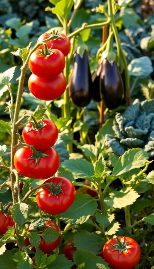 A lush, vibrant garden filled with heat-tolerant vegetable varieties. In the foreground, thriving tomato plants with glossy, deep red fruits. In the middle ground, sturdy eggplants bearing dark purple, teardrop-shaped produce. The background features hardy, leafy greens like kale and spinach, their deep green hues contrasting beautifully. Warm, golden sunlight filters through the scene, casting a gentle glow and highlighting the plants' resilience. The overall composition conveys a sense of abundance and resilience, perfect for an article on gardening for busy people in warm climates.