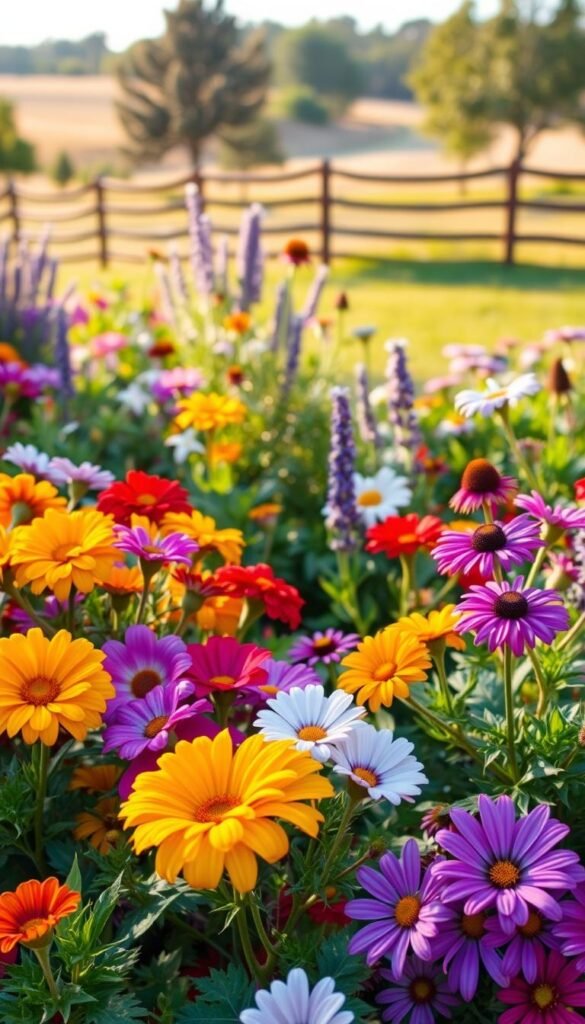 A lush, vibrant garden filled with low-maintenance, beginner-friendly flowers. In the foreground, a cluster of cheerful, colorful blooms like marigolds, petunias, and zinnias. Their petals gently swaying in a soft breeze. In the middle ground, a mix of resilient, easy-to-grow perennials like Shasta daisies, lavender, and coneflowers. The background features a tranquil, sun-dappled landscape with a wooden fence and a few trees, creating a serene, countryside atmosphere. Warm, golden lighting bathes the scene, capturing the natural beauty and allure of these hardy, unfussy flowers perfect for the novice gardener.