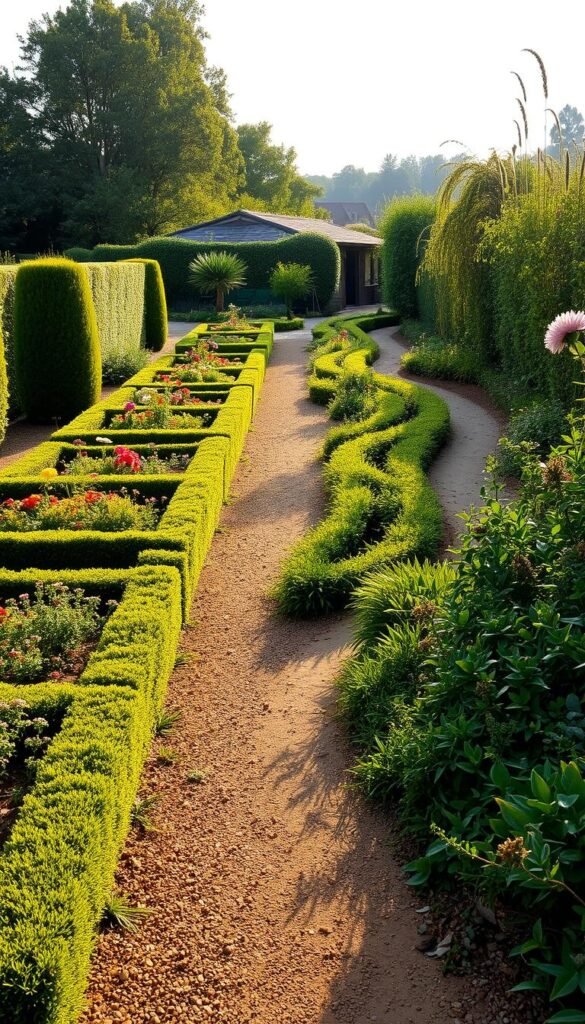 A lush, vibrant garden path stretches before the viewer, divided into two distinct sections. On the left, a traditional arrangement of meticulously trimmed hedges, orderly flower beds, and a gravel walkway, exuding a sense of refined elegance. Contrasting this, the right side showcases a wild, untamed landscape, with a winding dirt trail cutting through a tapestry of diverse, untamed flora - a celebration of nature's chaotic beauty. The scene is bathed in warm, golden sunlight, casting long shadows and creating a serene, inviting atmosphere. The viewer is drawn to compare the two approaches, contemplating which style best suits their own personal garden space and aesthetic preferences.