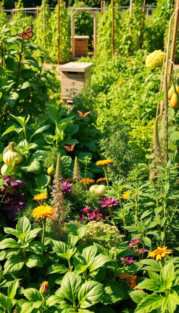 A lush, vibrant garden scene showcasing the benefits of companion planting. In the foreground, an array of thriving vegetables and herbs stand side by side, their leaves and blooms intertwined. Leafy greens, colorful flowers, and aromatic herbs create a harmonious tapestry. In the middle ground, beehives and butterflies flit among the plants, signifying improved pollination. In the background, a healthy, bountiful crop of vegetables and fruits, their sizes and flavors enhanced by the complementary plantings. Warm, golden sunlight filters through the scene, casting a natural, earthy glow. The overall composition conveys the synergistic relationships and abundant rewards of carefully curated companion planting.
