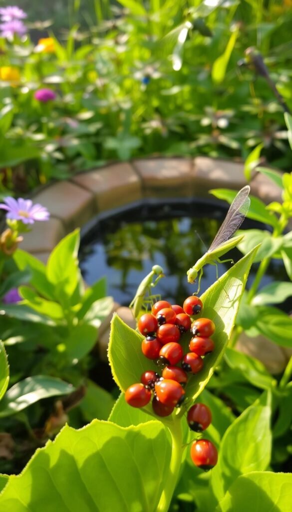A lush, vibrant garden teeming with beneficial insects. In the foreground, a cluster of ladybugs scurrying across a verdant leaf, their bright red shells shimmering in the warm, diffused sunlight. In the middle ground, a solitary praying mantis poised gracefully, its slender green body blending seamlessly with the foliage. In the background, a swarm of dragonflies hover above a small pond, their gossamer wings catching the light as they dart back and forth. The scene radiates a sense of natural harmony, where these predatory insects play a vital role in maintaining the garden's delicate balance.