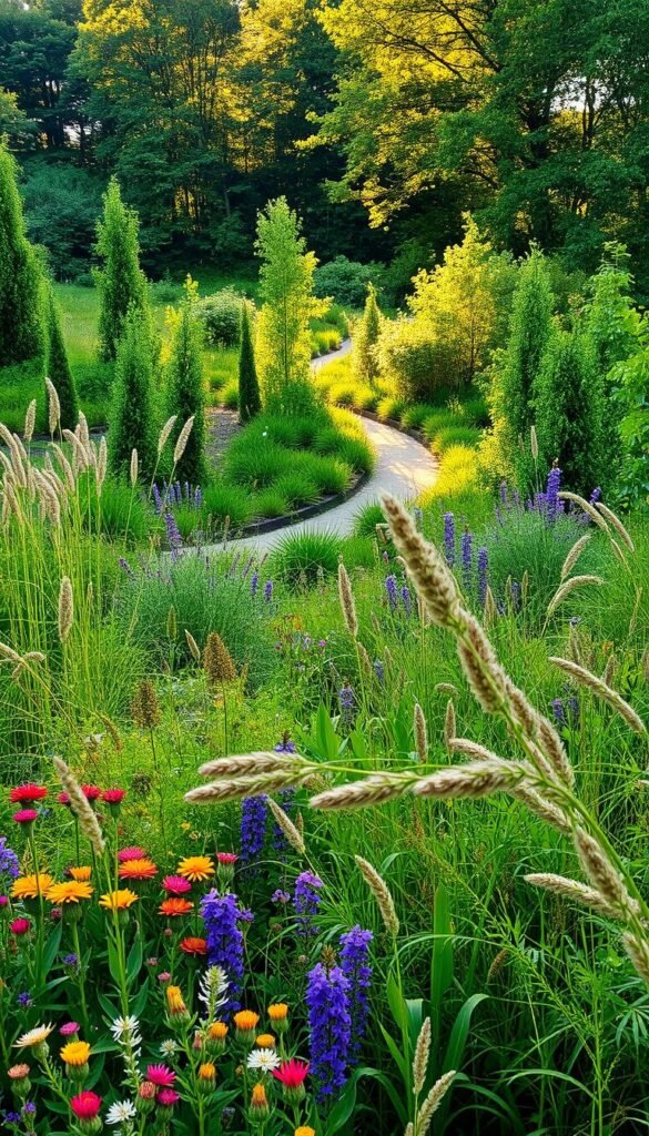 A lush, vibrant landscape brimming with native plant diversity. In the foreground, a rich tapestry of flowering perennials and grasses sway gently in a warm breeze. The middle ground features a meandering path winding through a mix of tall shrubs and small trees, their leaves casting dappled shadows. In the background, a dense forest canopy filters the golden sunlight, creating a serene, naturalistic atmosphere. Close-up details reveal intricate textures, vibrant colors, and a thriving ecosystem teeming with pollinating insects. Capture this scene with a wide-angle lens, presenting a harmonious balance of order and wild abundance.