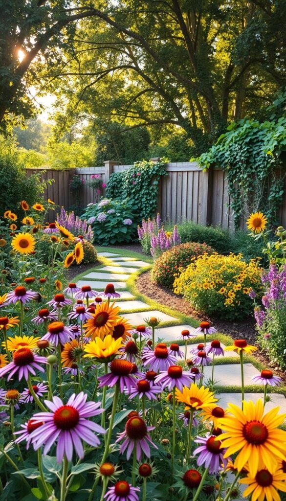 A lush, vibrant pollinator-friendly garden bustles with life. In the foreground, a profusion of colorful native wildflowers - sunflowers, coneflowers, and bee balm - sway gently in a soft breeze. A meandering stone path leads through the middle ground, where verdant foliage and flowering shrubs provide ample shelter and sustenance for bees, butterflies, and hummingbirds. In the background, a wooden fence is draped with cascading vines, creating a natural boundary and additional hiding places for pollinators. Warm, golden sunlight filters through the canopy, casting a serene, nurturing glow over the entire scene. This harmonious, structured yet organic garden teeming with biodiversity illustrates the beauty and balance of a healthy, thriving ecosystem.