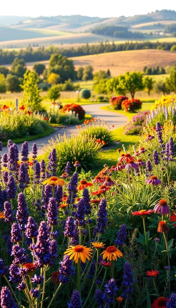 A lush, vibrant pollinator garden layout in a serene, natural setting. In the foreground, a colorful array of flowering plants - lavender, echinacea, and milkweed - buzzing with pollinating insects. Behind them, a curved path meanders through the middle ground, lined with scattered perennials and shrubs that attract butterflies and ladybugs. In the distant background, a gently rolling landscape dotted with trees provides a peaceful, pastoral backdrop. The scene is bathed in warm, golden afternoon sunlight, casting soft shadows and creating a tranquil, inviting atmosphere. The composition emphasizes balance, harmony, and the beauty of a well-designed pollinator-friendly garden.