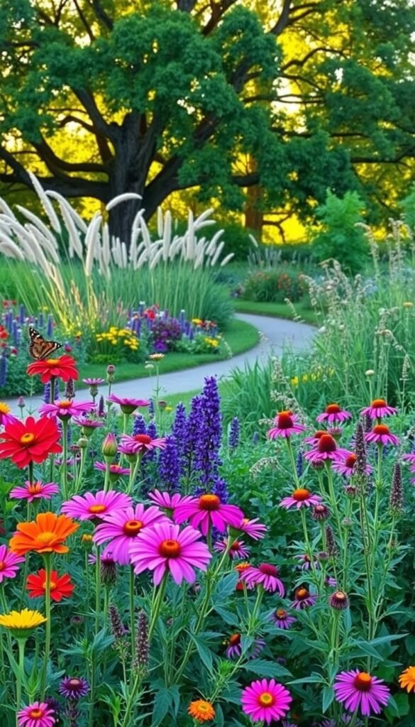 A lush, vibrant pollinator garden, meticulously planned with native flora. In the foreground, an array of colorful blooms - bright zinnias, purple coneflowers, and delicate butterfly bushes - beckon pollinators. The middle ground features a meandering path flanked by tall, swaying grasses and clusters of milkweed, their soft pink blossoms a magnet for monarch butterflies. In the background, a verdant backdrop of mature oak and maple trees filters the warm, golden sunlight, casting a gentle, inviting glow over the scene. The overall composition conveys a sense of harmony and balance, a welcoming haven for local pollinators and wildlife.