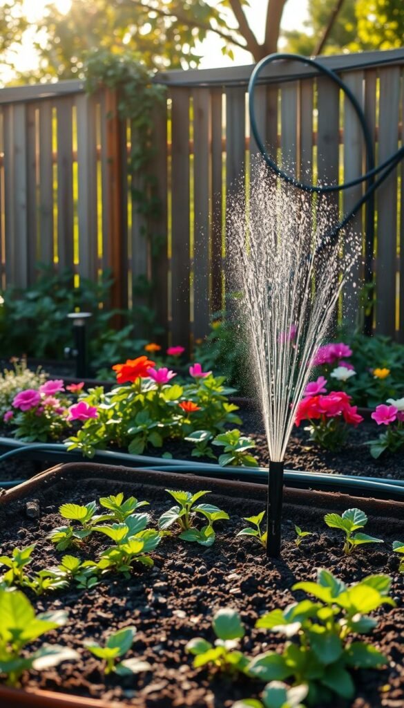 A lush, vibrant summer garden with a meticulously designed watering system. In the foreground, a well-maintained square foot garden, its soil rich and moist, surrounded by thriving plants and flowers in a variety of colors. A sleek, modern sprinkler system emerges from the ground, its water arcing gracefully over the garden beds. In the middle ground, a network of flexible hoses and drip irrigation lines criss-cross the garden, ensuring even and efficient watering. In the background, a wooden fence or trellis provides a natural backdrop, with sunlight filtering through the leaves of nearby trees, casting a warm, golden glow over the scene. The overall mood is one of tranquility, productivity, and the harmonious integration of technology and nature.
