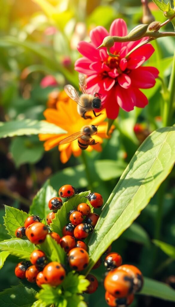 A lush, well-balanced garden scene showcasing beneficial insects in their natural habitats. In the foreground, a cluster of ladybugs crawling on vibrant green leaves, their polka-dotted shells glistening in the warm, diffused sunlight. In the middle ground, a honeybee gracefully pollinating a vibrant flower, its fuzzy body dusted with pollen. In the background, a praying mantis poised on a branch, its piercing gaze scanning for prey. The overall composition exudes a sense of harmony and ecological balance, capturing the essential role these creatures play in a thriving, pesticide-free garden.