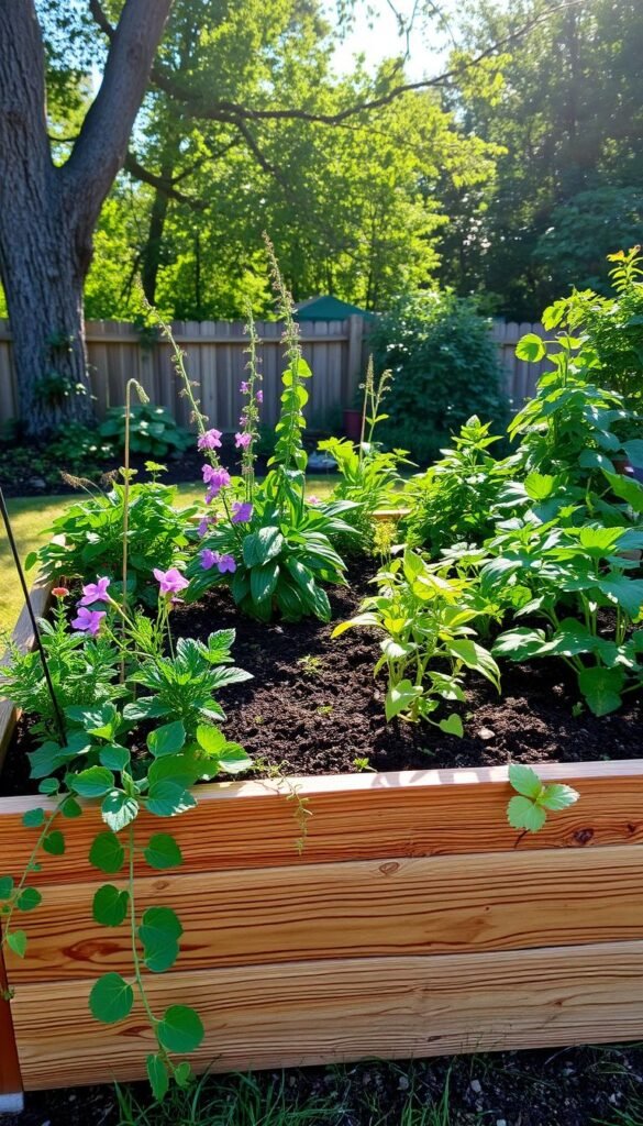 A lush, well-designed raised garden bed with carefully curated plants, set against a backdrop of a serene, sun-dappled backyard. The raised planter is constructed with warm, weathered wooden planks, its edges softened by trailing vines and vibrant flowers. The soil within is rich and loamy, home to a variety of thriving vegetables, herbs, and leafy greens. Delicate shadows dance across the surface, created by the gentle play of light filtering through the canopy of mature trees overhead. The scene evokes a sense of tranquility and connection with nature, inviting the viewer to imagine the joys of cultivating a bountiful, self-sustaining raised bed garden.