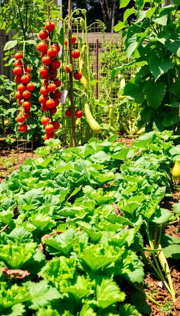 A lush, well-lit backyard garden filled with vibrant, beginner-friendly vegetable plants. In the foreground, rows of healthy leafy greens like kale, spinach, and lettuce thrive under the warm sun. In the middle ground, tall tomato plants with ripe, red fruits stand tall, supported by sturdy cages. In the background, a variety of squash and zucchini plants crawl along the ground, their broad leaves casting soft shadows. The overall scene exudes a sense of abundance and the promise of a bountiful harvest, perfect for the "Selecting and Planting Your Vegetables" section of the article.