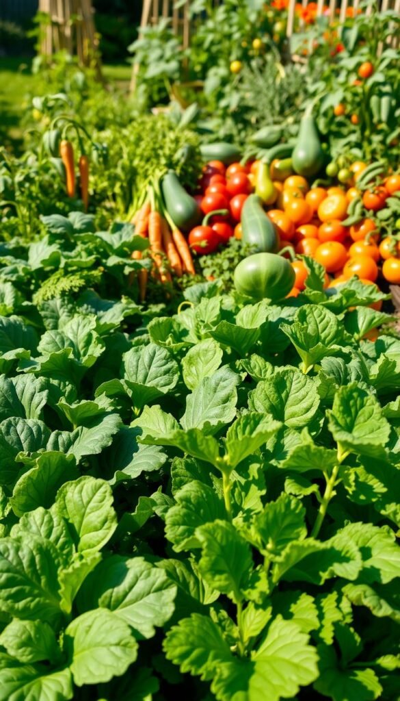 A lush, well-lit garden filled with a variety of easy-to-grow beginner vegetables. In the foreground, vibrant leafy greens like lettuce, spinach, and kale thrive, their leaves gently swaying in a soft breeze. In the middle ground, bright orange carrots and round, deep-green zucchini plants stretch toward the sun. The background features a mix of other hardy veggies like tomatoes, bell peppers, and bush beans, creating a bountiful and diverse scene. The lighting is warm and natural, casting soft shadows and highlighting the textures of the plants. The overall atmosphere is one of abundance and simplicity, inviting the viewer to imagine the joys of tending to an effortless beginner's garden.