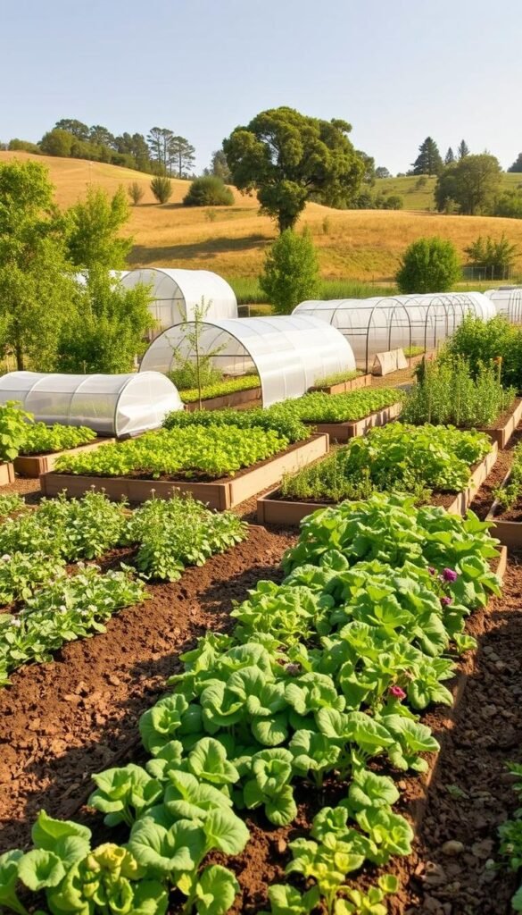 A lush, well-lit garden scene with fertile soil, flourishing plants, and an optimal layout for extended growing seasons. The foreground features a diverse array of thriving vegetables, herbs, and flowers, meticulously arranged in raised garden beds with ample spacing for airflow and access. The middle ground showcases strategically placed hoop houses and row covers, casting soft, diffused lighting that creates a warm, welcoming atmosphere. In the background, a gently sloping landscape with mature trees and a clear, open sky provides the perfect backdrop, suggesting an idyllic, self-sustaining ecosystem primed for a longer productive season.